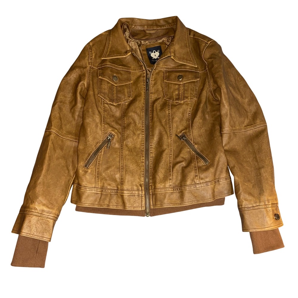 Lock‎ & Love Faux Leather Jacket Women's Size L Brown Moto Style